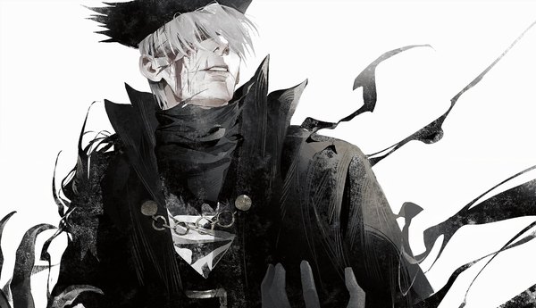 Anime picture 1582x910 with bloodborne from software hunter (bloodborne) megasus single short hair simple background wide image white background upper body white hair parted lips scar blindfold hair over eyes boy