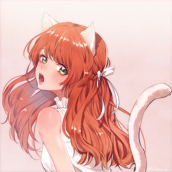 Anime picture 800x800 with harry potter lily evans kirikawajuu single long hair looking at viewer blush fringe open mouth simple background bare shoulders green eyes animal ears payot upper body red hair tail animal tail looking back cat ears