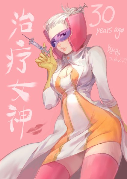 Anime picture 2480x3508 with boku no hero academia studio bones shuuzenji chiyo lily jiang single tall image highres short hair simple background looking away cleavage white hair parted lips hair bun (hair buns) zettai ryouiki text pink background arched back girl thighhighs