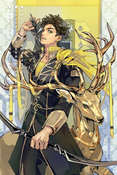 Anime picture 720x1080 with fire emblem fire emblem: three houses nintendo claude von riegan zzyzzyy single tall image looking at viewer short hair smile brown hair standing holding green eyes long sleeves parted lips arm up boy uniform weapon