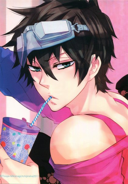 Anime picture 1500x2147 with karneval gareki (karneval) mikanagi touya single tall image looking at viewer short hair blue eyes brown hair bare shoulders drinking boy glasses drink goggles disposable cup