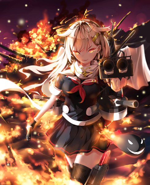 Anime picture 1102x1353 with kantai collection yuudachi destroyer yamano (yamanoh) long hair tall image looking at viewer smile standing yellow eyes white hair outstretched arm remodel (kantai collection) girl thighhighs skirt gloves hair ornament weapon black thighhighs hairclip