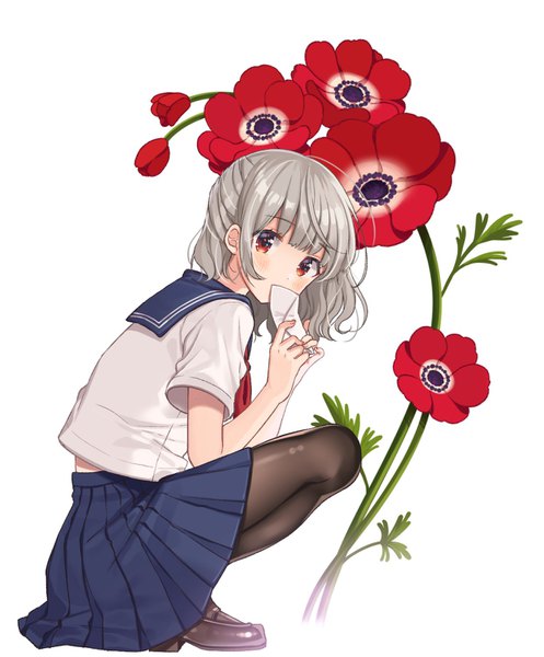 Anime picture 1243x1500 with original shigure ui single tall image looking at viewer blush fringe short hair simple background white background full body grey hair squat covered mouth girl uniform flower (flowers) pantyhose serafuku shoes