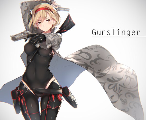 Anime picture 1422x1174 with granblue fantasy gita (granblue fantasy) nanahara fuyuki single looking at viewer blush fringe short hair breasts light erotic simple background blonde hair hair between eyes standing brown eyes gradient background thigh gap outstretched arm covered navel arm behind head