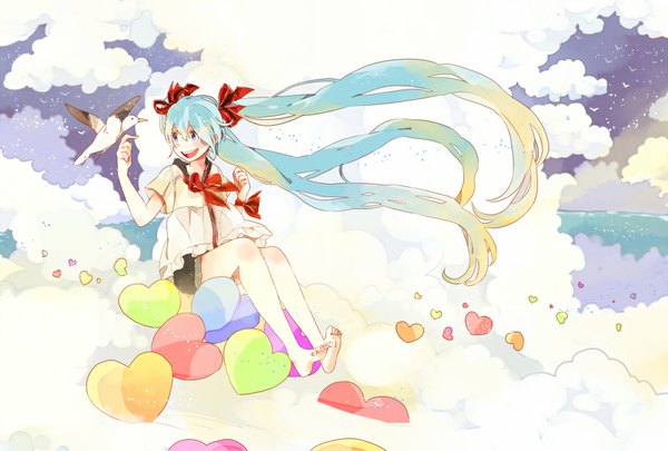 Anime picture 1000x675 with vocaloid hatsune miku blush open mouth twintails cloud (clouds) very long hair barefoot aqua eyes aqua hair girl bow hair bow animal heart bird (birds)