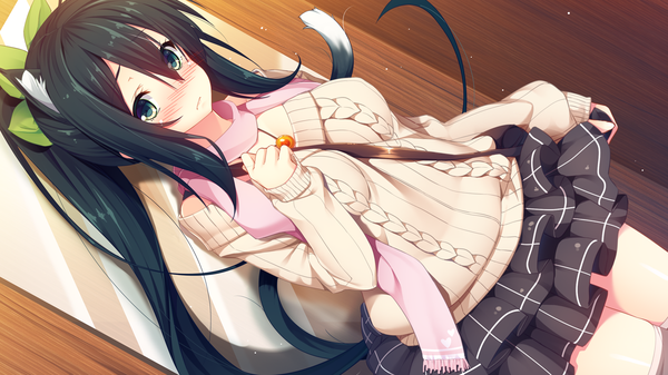 Anime picture 1280x720 with aristear remain astronauts comet himeno haruka rozea (graphmelt) kokusan moyashi single long hair looking at viewer blush fringe breasts black hair hair between eyes wide image large breasts standing green eyes animal ears payot game cg