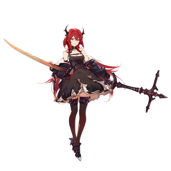 Anime picture 2048x2048 with arknights surtr (arknights) ask (askzy) single long hair looking at viewer fringe highres breasts hair between eyes standing purple eyes bare shoulders holding cleavage full body red hair horn (horns) off shoulder open jacket