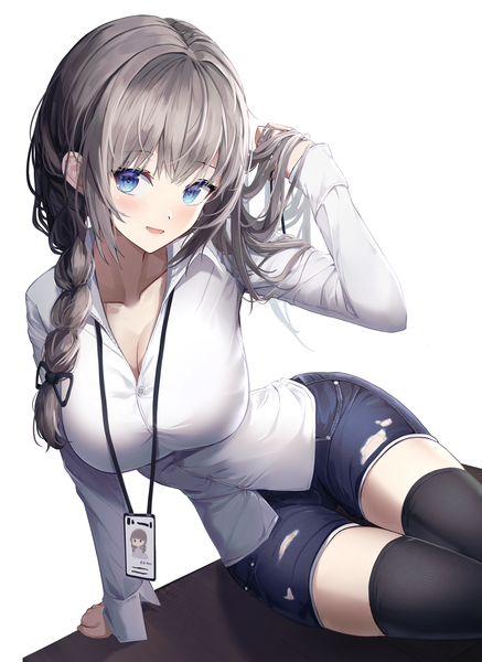 Anime picture 2000x2748 with original seero single long hair tall image looking at viewer blush fringe highres breasts open mouth blue eyes simple background smile large breasts white background sitting cleavage braid (braids) long sleeves