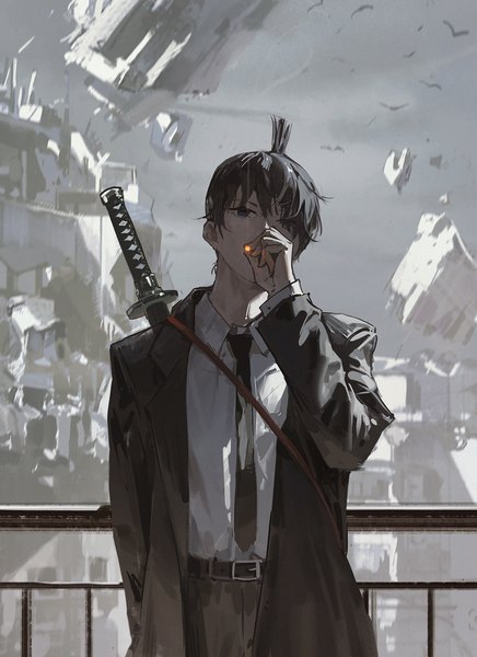 Anime picture 1200x1652 with chainsaw man mappa hayakawa aki dino (dinoartforame) single tall image fringe short hair blue eyes black hair standing looking away upper body hair over one eye open clothes smoking boy weapon animal shirt