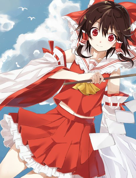 Anime picture 1000x1300 with touhou hakurei reimu taiki (ozone) single tall image looking at viewer short hair smile red eyes brown hair sky cloud (clouds) traditional clothes japanese clothes wide sleeves miko girl skirt bow hair bow