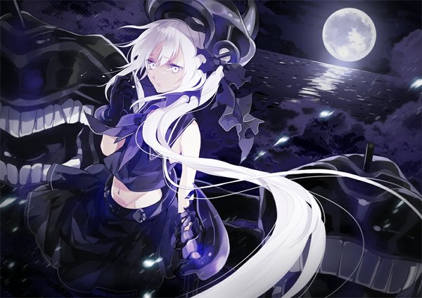 Anime picture 1132x800 with kantai collection destroyer hime kurisu takumi long hair looking at viewer open mouth standing bare shoulders white hair ponytail pink eyes wind night teeth bare belly night sky side ponytail reflection smoke white skin