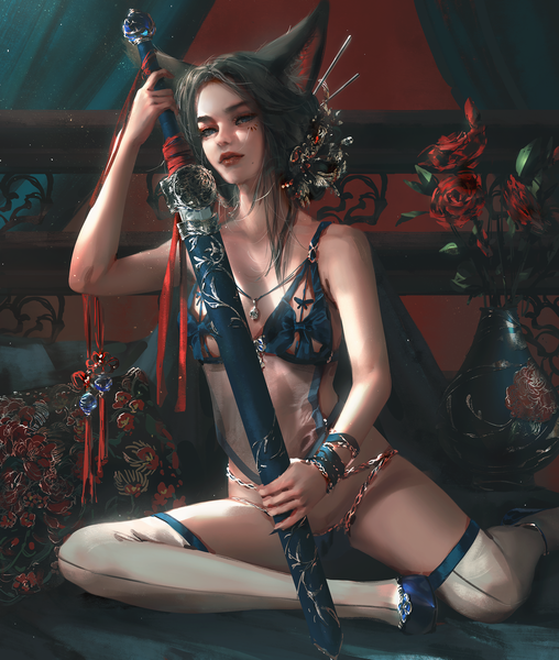 Anime picture 5500x6500 with original nixeu single long hair tall image looking at viewer fringe highres short hair breasts blue eyes light erotic black hair sitting holding animal ears absurdres bent knee (knees) indoors nail polish