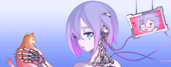 Anime picture 2032x800 with original haimerejzero single blush fringe highres short hair blue eyes simple background hair between eyes wide image holding payot looking away purple hair upper body gradient background gradient hair blue background face