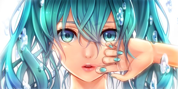 Anime picture 2000x1000 with vocaloid hatsune miku masami chie single highres open mouth wide image twintails very long hair nail polish aqua eyes aqua hair aqua nail polish girl bubble (bubbles)