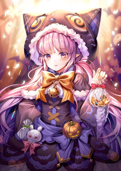 Anime picture 4000x5658 with princess connect! re:dive princess connect! kyouka (princess connect!) harusame (user wawj5773) single long hair tall image highres purple eyes twintails looking away absurdres purple hair pointy ears hand on hip low twintails halloween animal hood girl dress