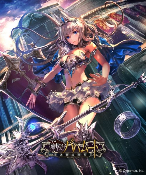 Anime picture 833x1000 with shingeki no bahamut jname single tall image looking at viewer breasts blue eyes watermark fantasy logo girl skirt navel weapon miniskirt boots building (buildings) ring tiara lace