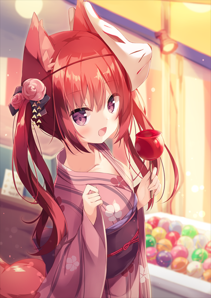 Anime picture 850x1200 with original hoshi (snacherubi) single long hair tall image looking at viewer blush fringe open mouth smile hair between eyes standing purple eyes twintails holding animal ears payot red hair tail traditional clothes