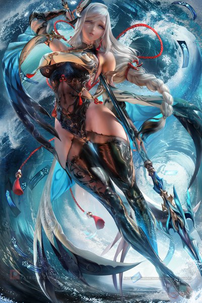 Anime picture 2400x3600 with genshin impact shenhe (genshin impact) sakimichan single long hair tall image looking at viewer fringe highres breasts light erotic large breasts holding silver hair full body braid (braids) nail polish parted lips head tilt arm up