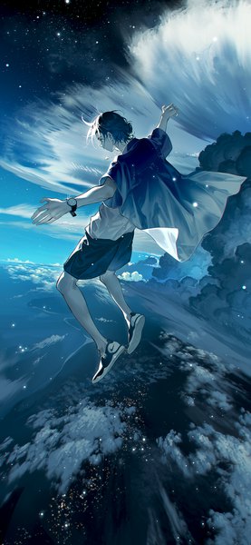 Anime picture 1154x2500 with summertime render nike ajiro shinpei tidsean single tall image short hair black hair sky cloud (clouds) full body from above spread arms landscape midair boy shorts clock wristwatch