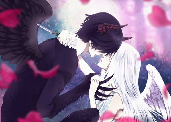 Anime picture 1100x790 with original pixiv id3233880 long hair short hair black hair holding white hair eyes closed parted lips profile horn (horns) blurry couple hug holding hands angel wings black wings angel hair over eyes almost kiss