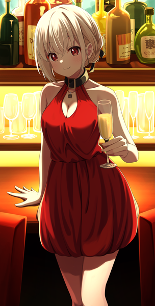 Anime picture 829x1637 with lycoris recoil nishikigi chisato syurimp single tall image blush short hair breasts blonde hair smile red eyes cleavage indoors arm support sleeveless girl dress pendant red dress alcohol