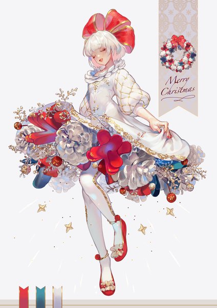 Anime picture 1300x1839 with original aruk single tall image blush fringe short hair open mouth smile white background white hair blunt bangs eyes closed nail polish puffy sleeves lipstick christmas red lipstick makeup merry christmas