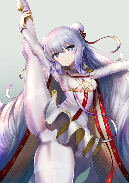 Anime picture 1000x1415 with azur lane le malin (azur lane) west (vaem5527) single tall image looking at viewer blush fringe breasts blue eyes light erotic simple background hair between eyes standing payot white hair very long hair hair bun (hair buns) gradient background symbol-shaped pupils
