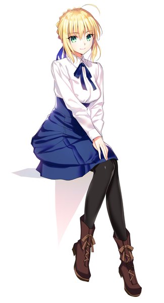 Anime picture 813x1500 with fate (series) fate/stay night artoria pendragon (all) saber youta single tall image looking at viewer fringe short hair simple background blonde hair smile hair between eyes white background sitting green eyes full body ahoge girl