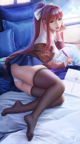 Anime picture 3900x7000 with doki doki literature club monika (doki doki literature club) wickellia single long hair tall image looking at viewer fringe highres breasts light erotic smile brown hair large breasts holding green eyes payot absurdres full body bent knee (knees)