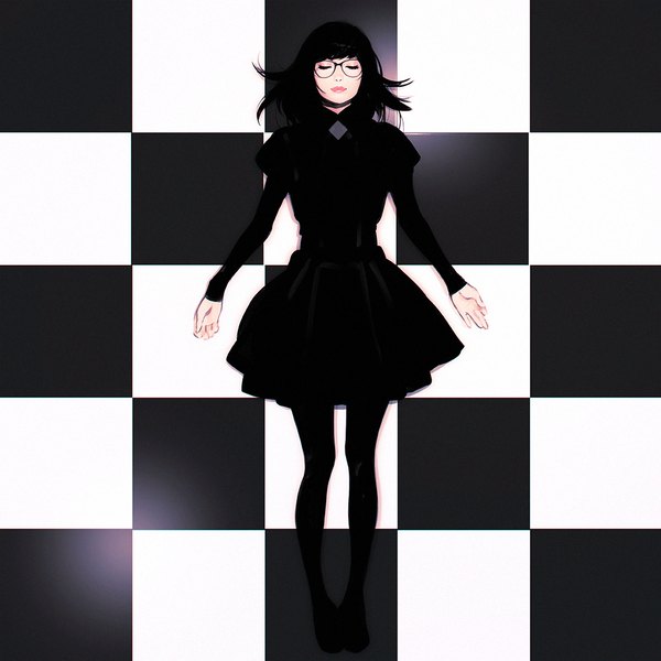 Anime picture 1080x1080 with original ilya kuvshinov single short hair black hair smile lying eyes closed long sleeves on back checkered checkered background girl dress pantyhose glasses black pantyhose black dress