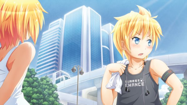 Anime picture 1280x720 with vocaloid kagamine rin kagamine len blush short hair open mouth blue eyes blonde hair wide image bare shoulders looking back city girl boy plant (plants) tree (trees) headphones building (buildings) train