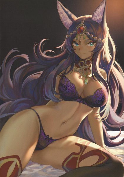 Anime picture 4886x6986 with fate (series) fate/grand order queen of sheba (fate) mashuu (neko no oyashiro) single tall image looking at viewer blush fringe highres breasts blue eyes light erotic simple background smile large breasts sitting bare shoulders animal ears absurdres