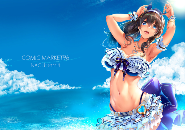 Anime picture 1920x1353 with idolmaster idolmaster cinderella girls idolmaster cinderella girls starlight stage sagisawa fumika nohito single long hair looking at viewer fringe highres breasts open mouth blue eyes light erotic hair between eyes brown hair large breasts standing holding payot