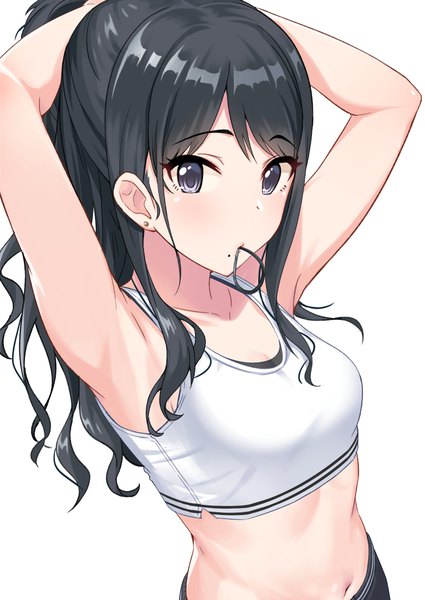 Anime picture 800x1129 with idolmaster idolmaster shiny colors kazano hiori tamakaga single long hair tall image looking at viewer blush fringe breasts black hair simple background white background holding upper body black eyes mole arms up mouth hold