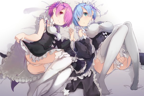 Anime picture 1500x1000 with re:zero kara hajimeru isekai seikatsu white fox rem (re:zero) ram (re:zero) pachi (sugiyama0306) looking at viewer blush fringe short hair breasts blue eyes light erotic simple background smile hair between eyes large breasts multiple girls blue hair pink hair bent knee (knees)