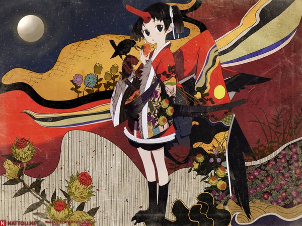 Anime picture 1600x1200 with original okama single blush short hair open mouth black hair twintails signed japanese clothes black eyes wide sleeves short twintails sheathed girl flower (flowers) animal sword socks bird (birds)