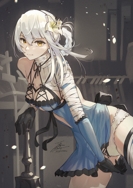 Anime picture 1061x1500 with nier kaine (nier) fadingz single tall image looking at viewer fringe short hair breasts light erotic hair between eyes large breasts standing bare shoulders signed yellow eyes cleavage white hair braid (braids) hair flower