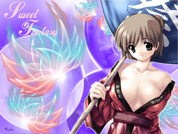 Anime picture 1280x960 with tagme (copyright) washimi tsutomu single blush short hair light erotic bare shoulders green eyes signed third-party edit girl open kimono