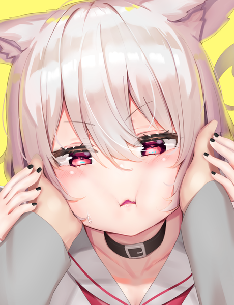 Anime picture 921x1200 with original reinama tall image blush fringe short hair open mouth simple background hair between eyes red eyes animal ears upper body white hair nail polish cat ears cat girl solo focus sweatdrop yellow background black nail polish