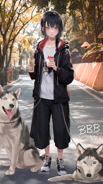 Anime picture 1080x1920 with chainsaw man mappa nayuta (chainsaw man) bbburger single long hair tall image black hair holding signed yellow eyes full body outdoors braid (braids) open jacket mouth hold single braid dated photo background girl
