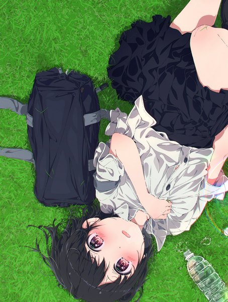 Anime-Bild 2651x3505 mit original ogipote single tall image looking at viewer blush highres short hair open mouth black hair lying pink eyes from above on back upside down girl skirt plant (plants) shirt white shirt