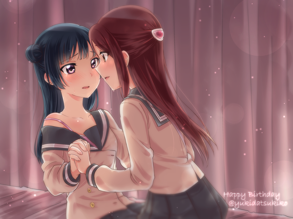 Anime picture 1200x896 with love live! sunshine!! sunrise (studio) love live! sakurauchi riko tsushima yoshiko rate rapiku long hair blush open mouth light erotic sitting purple eyes multiple girls yellow eyes blue hair red hair pleated skirt inscription hair bun (hair buns) holding hands