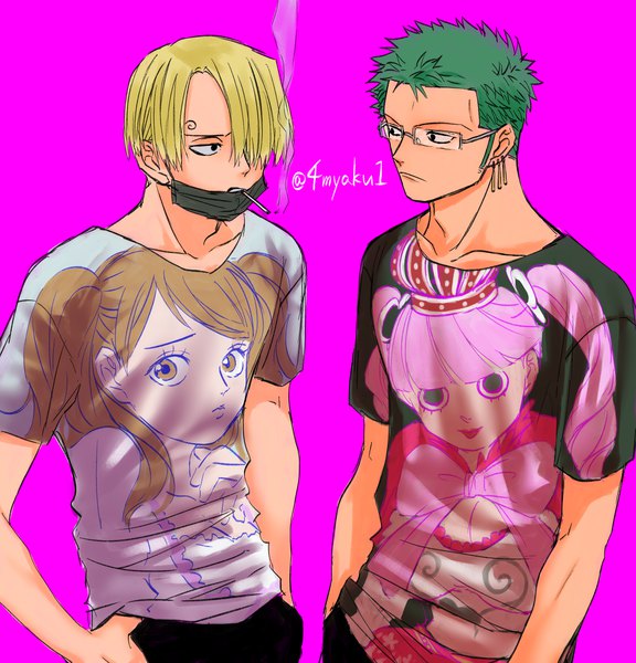 Anime picture 2804x2919 with one piece toei animation roronoa zoro sanji perona charlotte pudding 4myaku1 tall image fringe highres short hair simple background blonde hair signed looking away upper body green hair hair over one eye multiple boys alternate costume