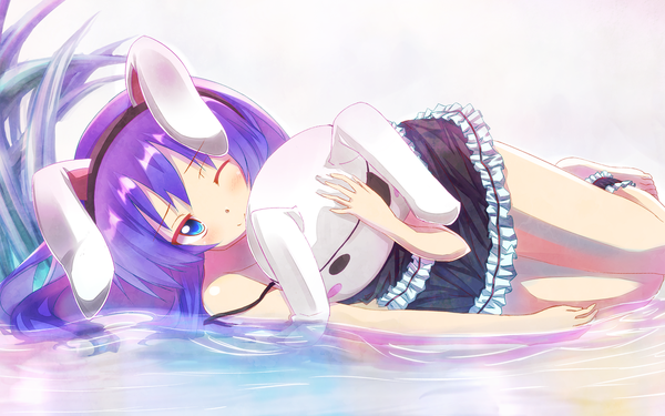 Anime picture 1680x1050 with original icyfox looking at viewer blush blue eyes wide image bare shoulders animal ears purple hair lying one eye closed wink bunny ears dress plant (plants) water toy grass stuffed animal