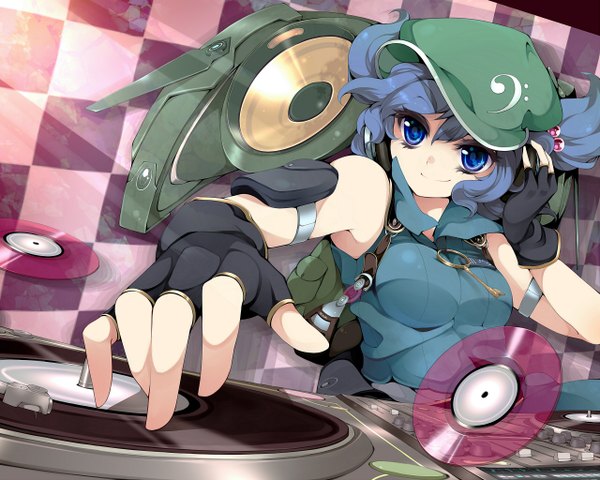 Anime picture 1280x1024 with touhou kawashiro nitori uruu gekka single short hair blue eyes smile twintails blue hair short twintails hand on head checkered background dj girl gloves fingerless gloves cap backpack key speakers