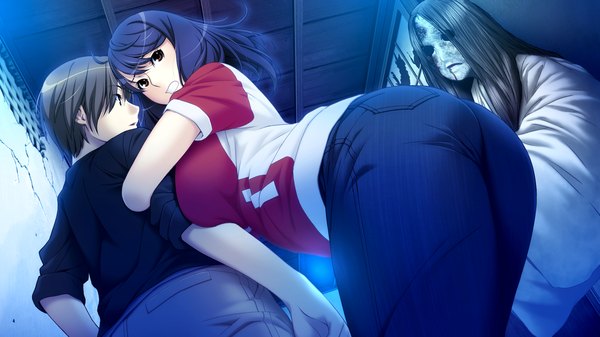 Anime picture 1920x1080 with sister scheme 2 (game) yanagawa misaki ino long hair highres short hair black hair wide image brown eyes game cg couple girl boy