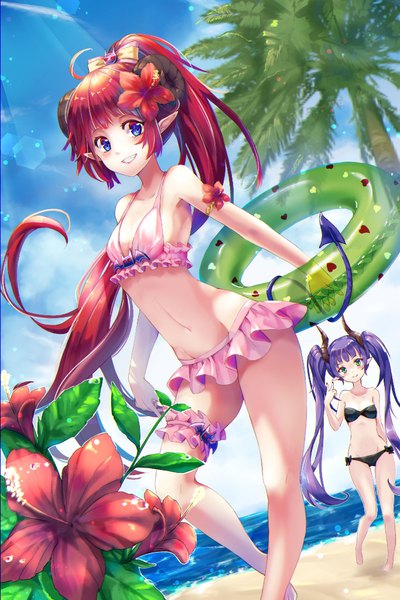 Anime picture 683x1024 with original saubupo long hair tall image looking at viewer blush fringe breasts blue eyes light erotic smile standing twintails bare shoulders multiple girls holding green eyes payot sky purple hair