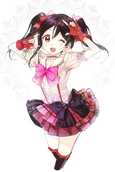 Anime picture 642x962 with love live! school idol project sunrise (studio) love live! yazawa nico macciatto (aciel02) single long hair tall image looking at viewer open mouth black hair red eyes white background twintails one eye closed wink mmm girl thighhighs gloves