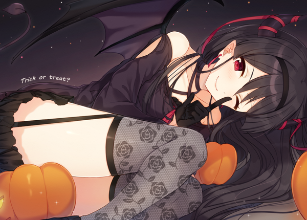 Anime picture 1450x1041 with original hiiragi souren single long hair looking at viewer blush fringe light erotic black hair smile hair between eyes red eyes bare shoulders bent knee (knees) tail lying one eye closed horn (horns) off shoulder floral print