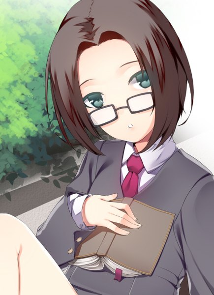Anime picture 907x1251 with original kuro (kuronell) single tall image looking at viewer short hair blue eyes black hair girl glasses book (books)